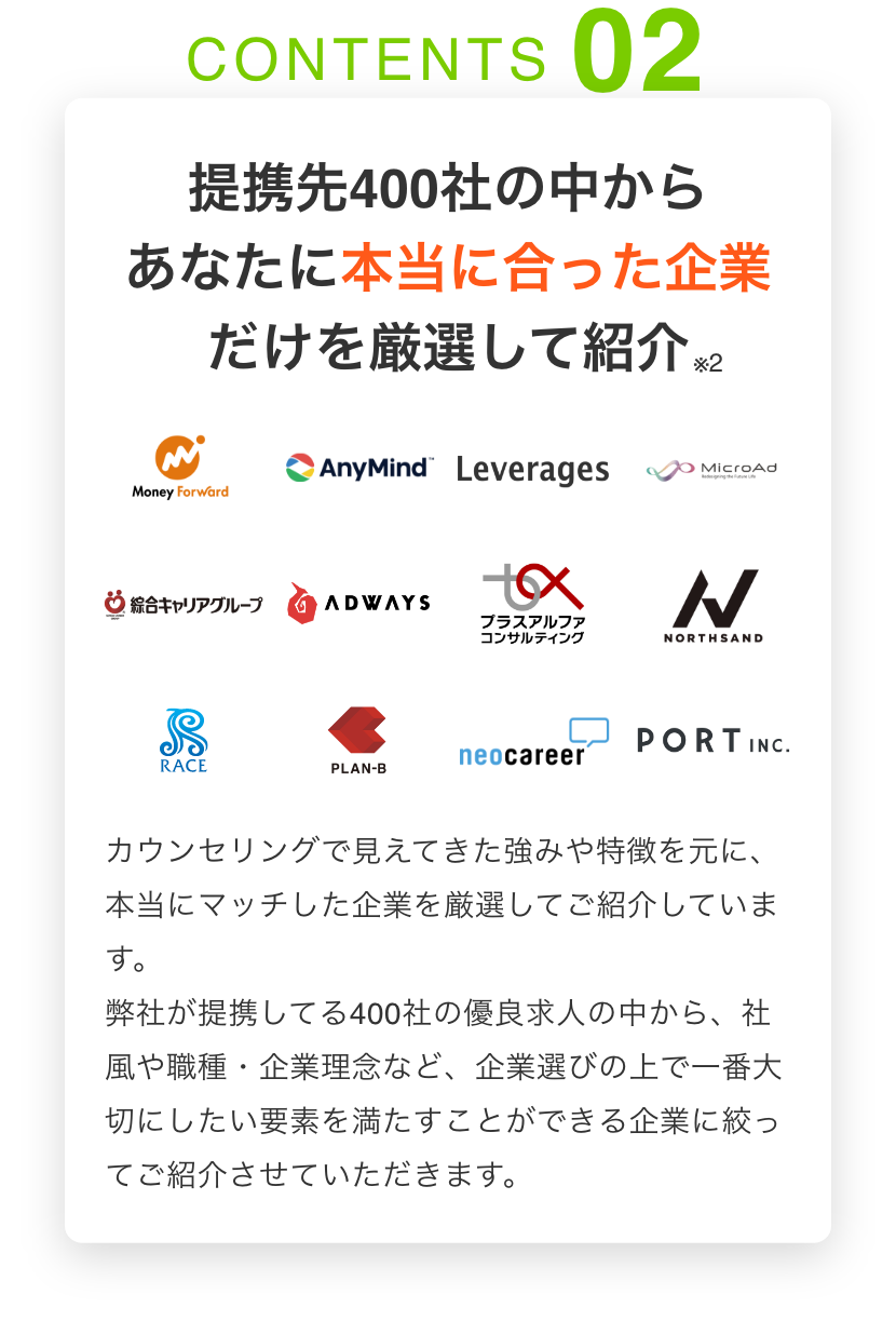 提携先400社の中から あなたに本当に合った企業 だけを厳選して紹介 カウンセリングで見えてきた強みや特徴を元に、本当にマッチした企業を厳選してご紹介しています。弊社が提携してる400社の優良求人の中から、社風や職種・企業理念など、企業選びの上で一番大切にしたい要素を満たすことができる企業に絞ってご紹介させていただきます。